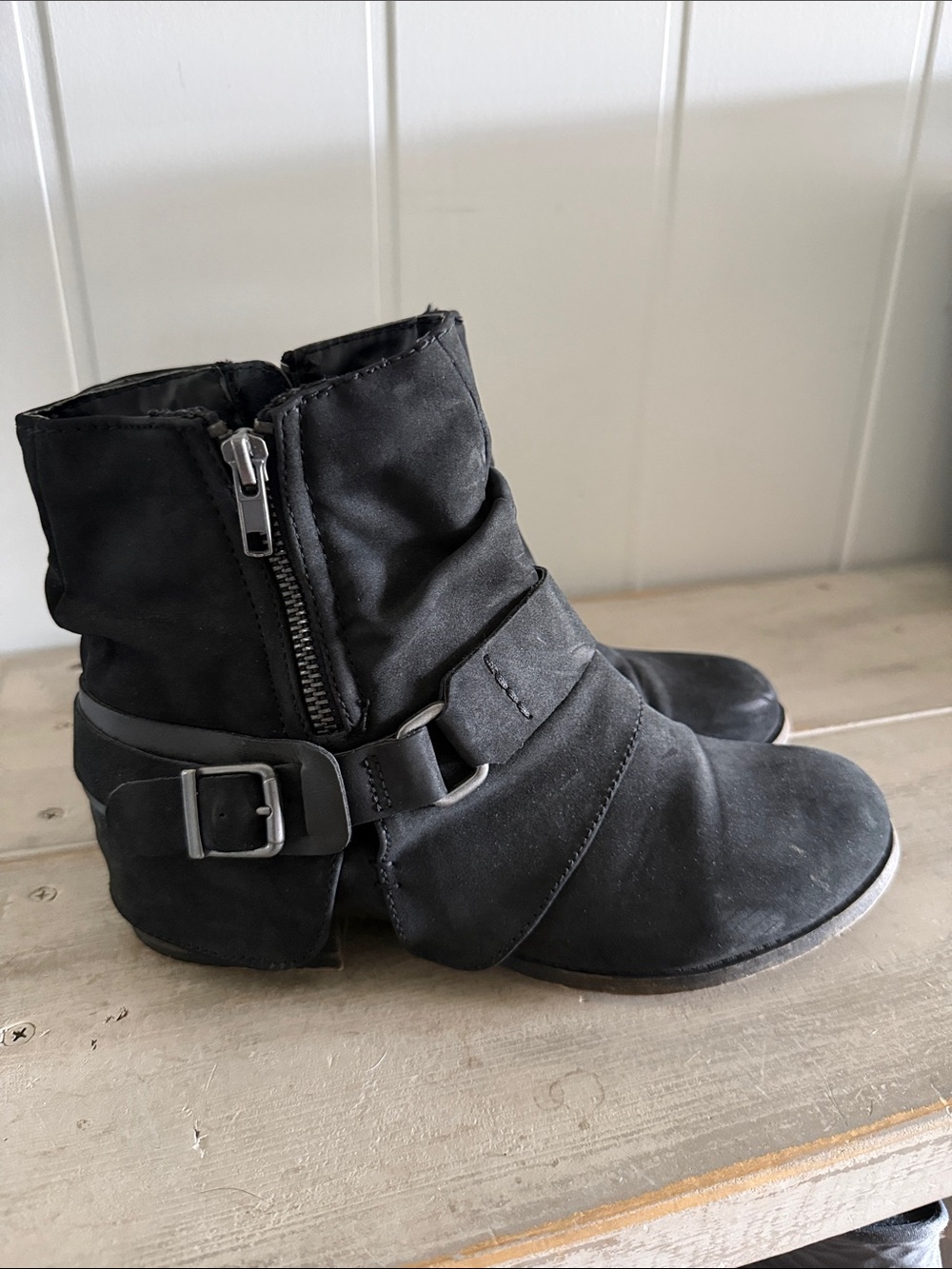 Women's Suede Moto Black Ankle Boots with Buckle Strap